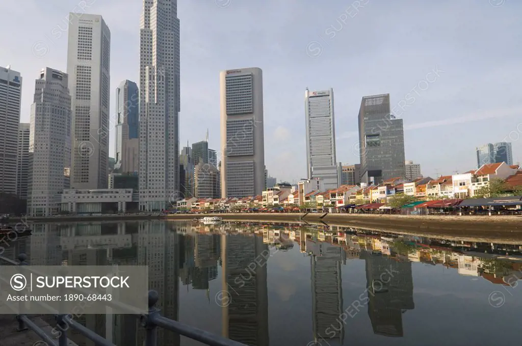 Boat Quay and the Singapore River with the Financial District behind, Singapore, South East Asia