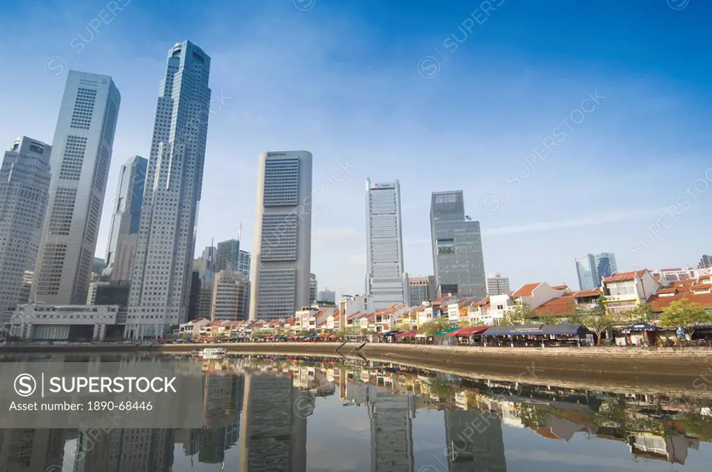 Boat Quay and the Singapore River with the Financial District behind, Singapore, South East Asia