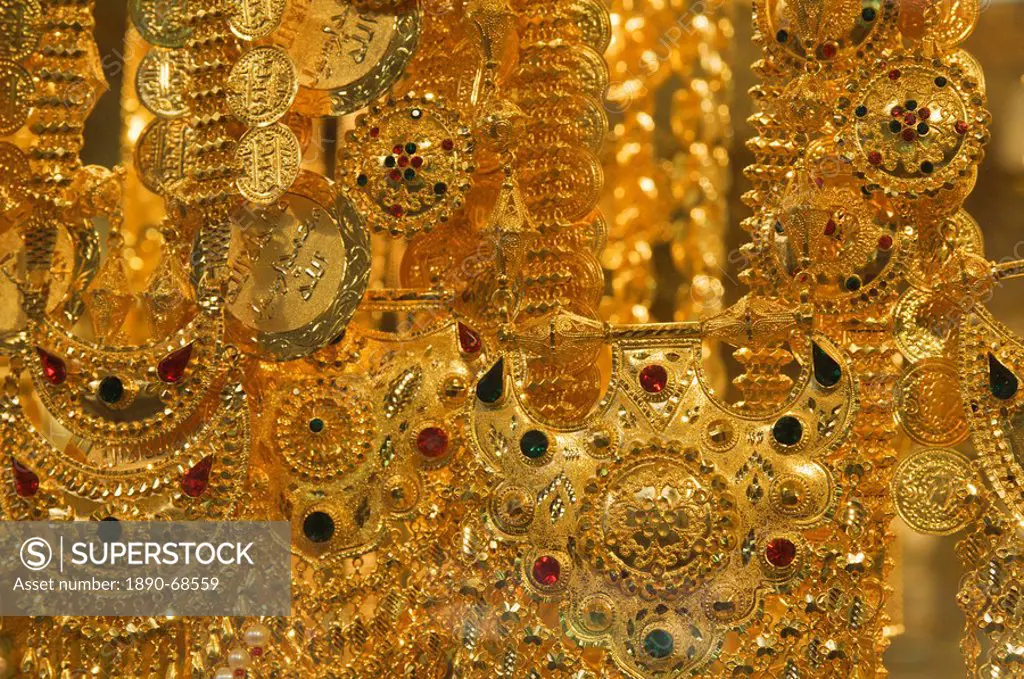 Close_up of gold jewelry in the Gold Souk, Deira, Dubai, United Arab Emirates, Middle East