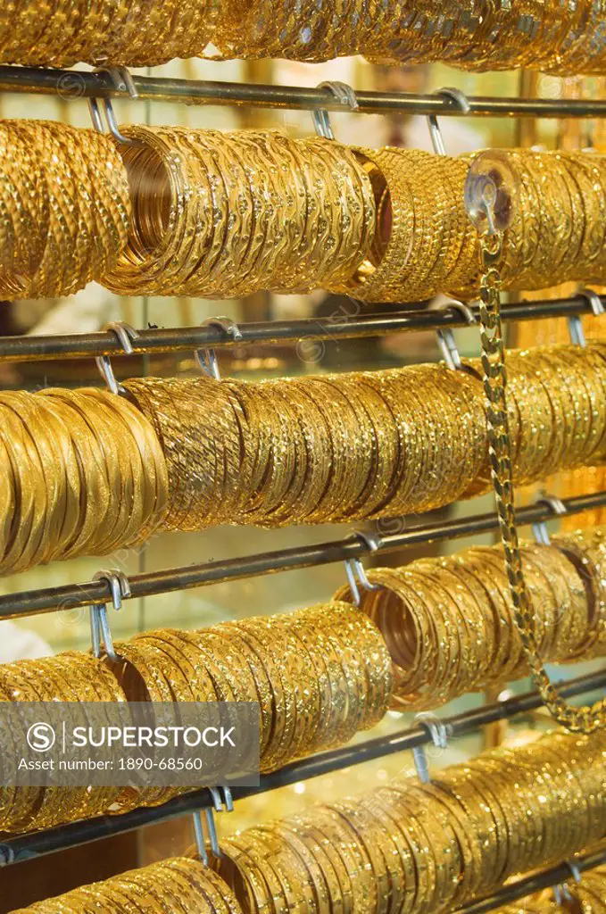 Gold bangles in the Gold Souk, Deira, Dubai, United Arab Emirates, Middle East