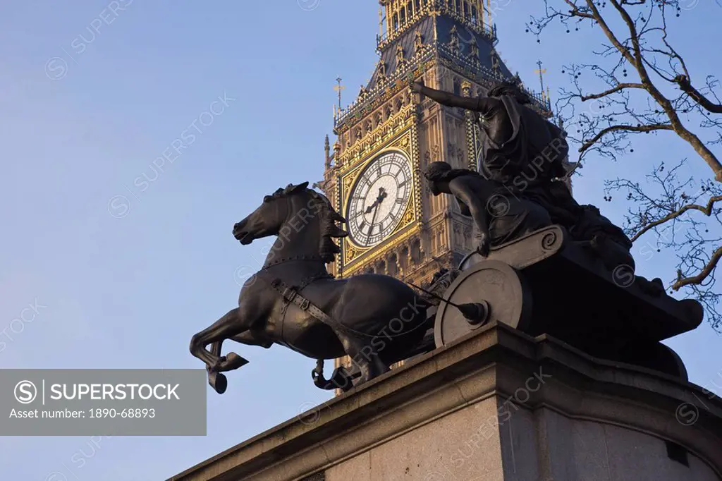 Big Ben seen through the statue of Boudica Boadicea, Westminster, London, England, United Kingdom, Europe