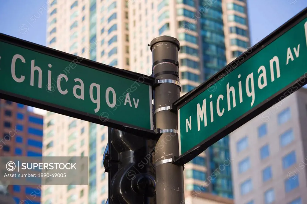 North Michigan Avenue and Chicago Avenue signpost, The Magnificent Mile, Chicago, Illinois, United States of America, North America
