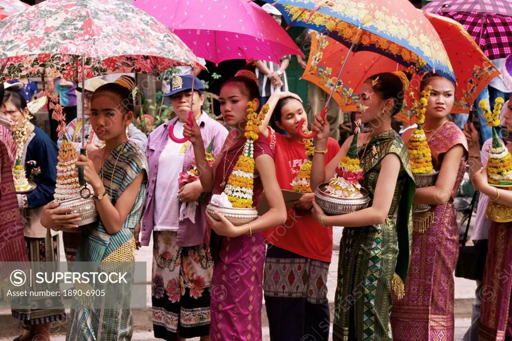 Young women in costumes, Lao New Year, Luang Prabang, Laos, Indochina, Southeast Asia, Asia