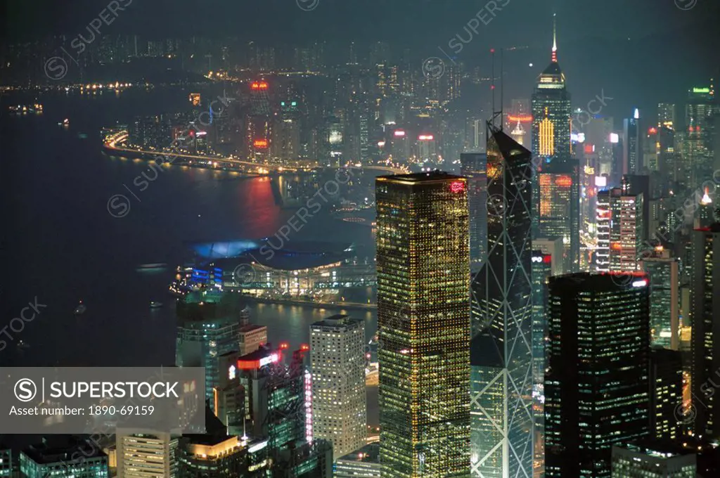 Skyline and Victoria Harbour at night from the Peak, Hong Kong Island, Hong Kong, China, Asia