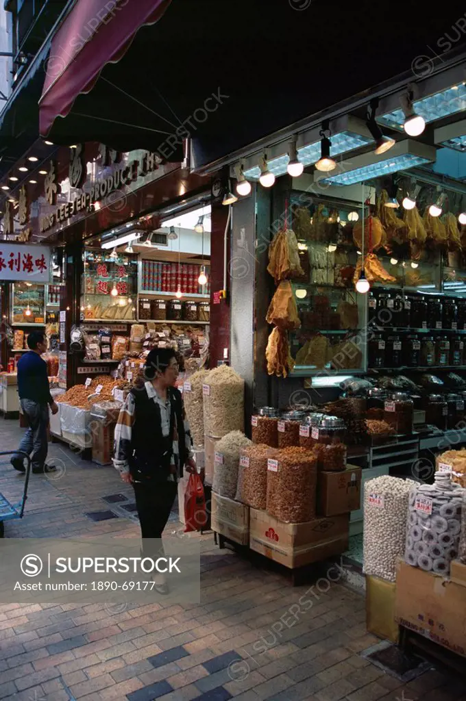 Dried seafood shops, Des Voeux Road West, Western District, Hong Kong Island, Hong Kong, China, Asia