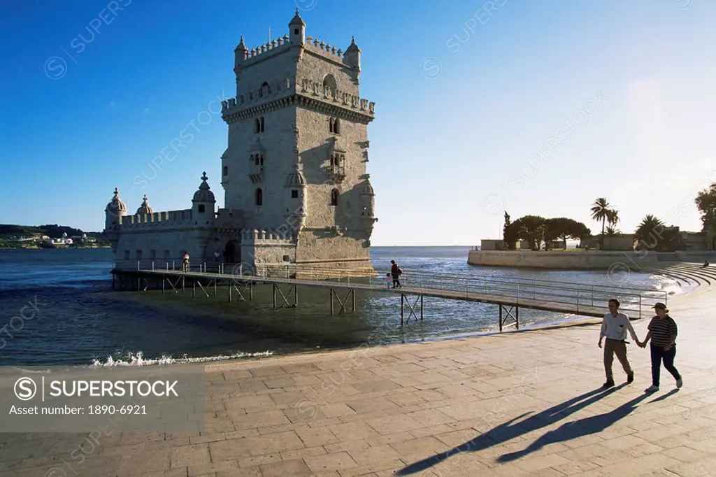 The 16th century Belem Tower Torre de Belem, designed by Francisco Arruda, UNESCO World Heritage Site, beside the Tejo River, Belem, Lisbon, Portugal,...
