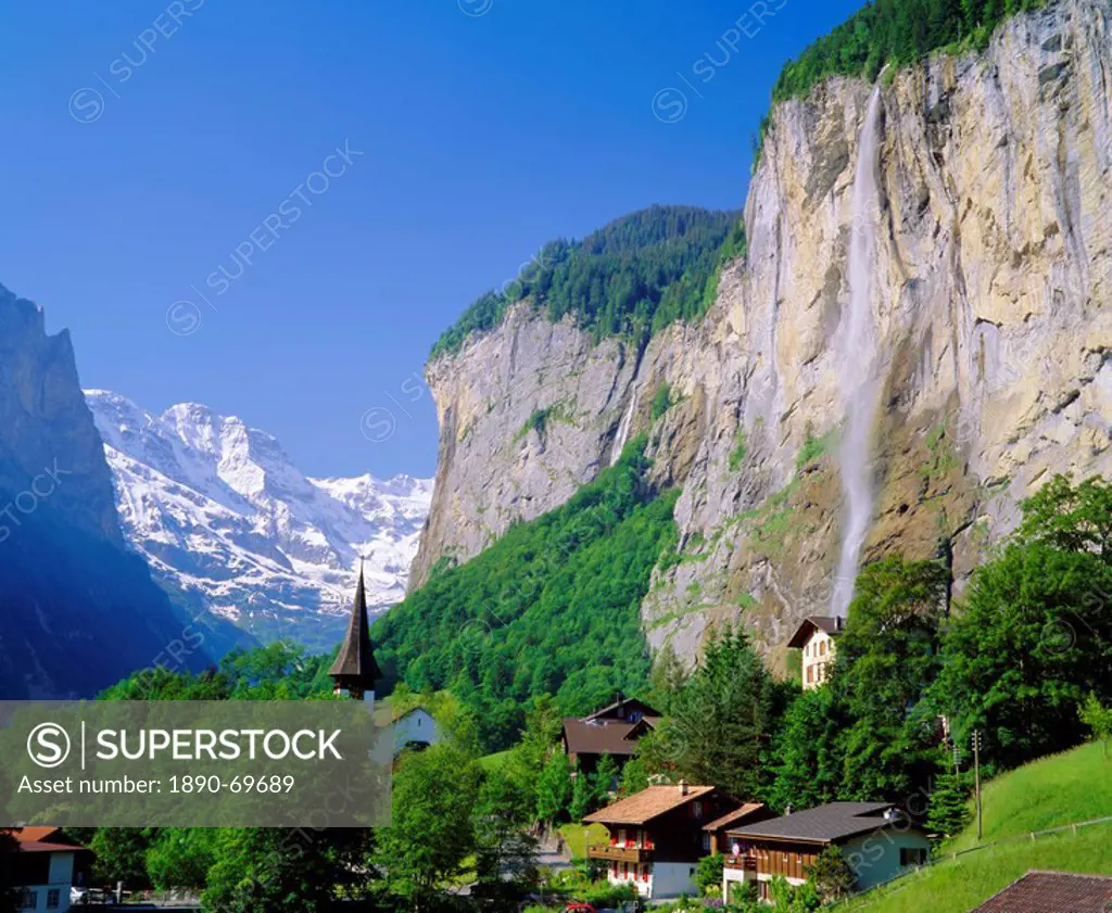 Lauterbrunnen and Staubbach Falls, Jungfrau region, Switzerland