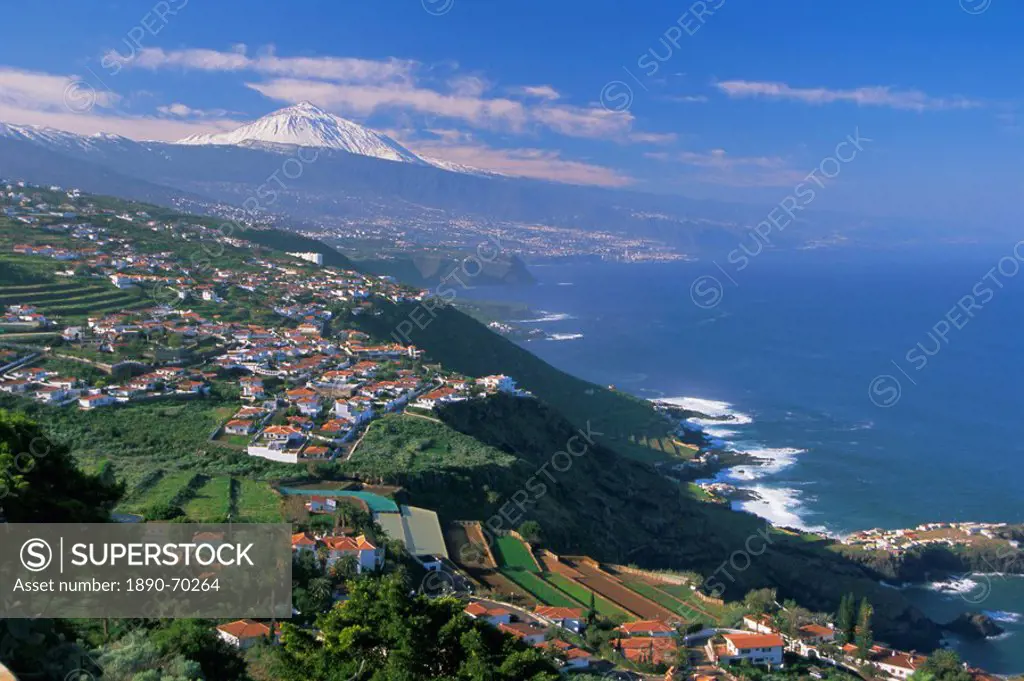 Aerial view of the north coast and Mount Teide, Tenerife, Canary Islands, Atlantic, Spain, Europe