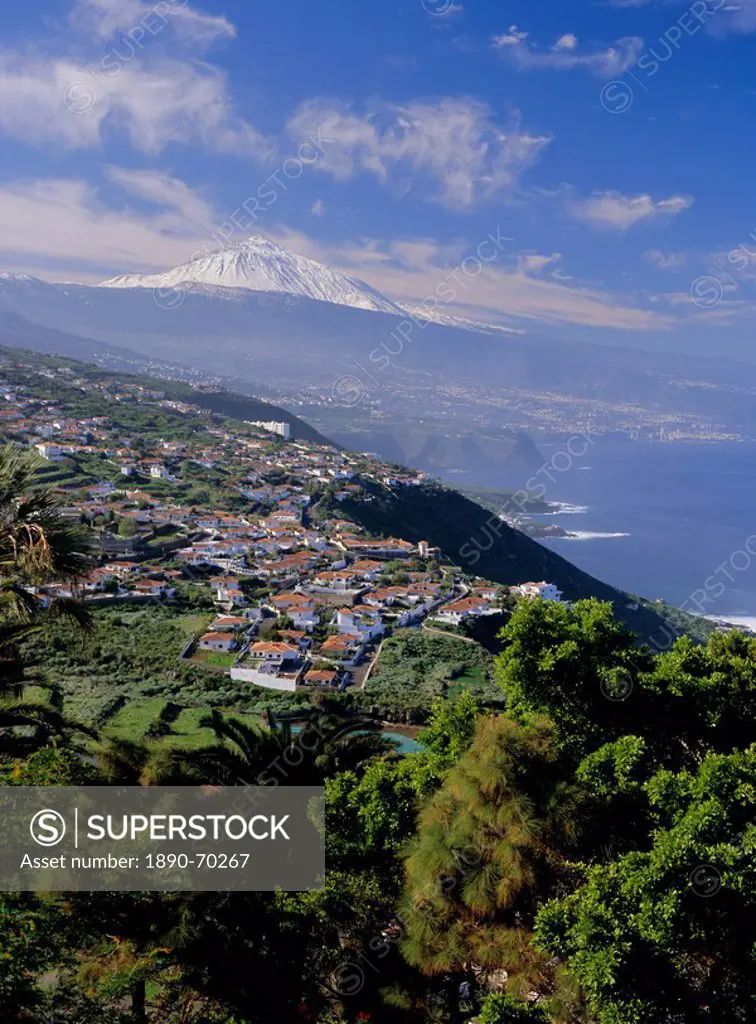 Aerial view including Mount Teide and Atlantic coast, Tenerife, Canary Islands, Atlantic, Spain, Europe