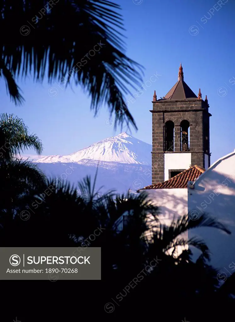 Church tower with Mount Teide behind, from Sauzal, Tenerife, Canary Islands, Spain, Atlantic, Europe