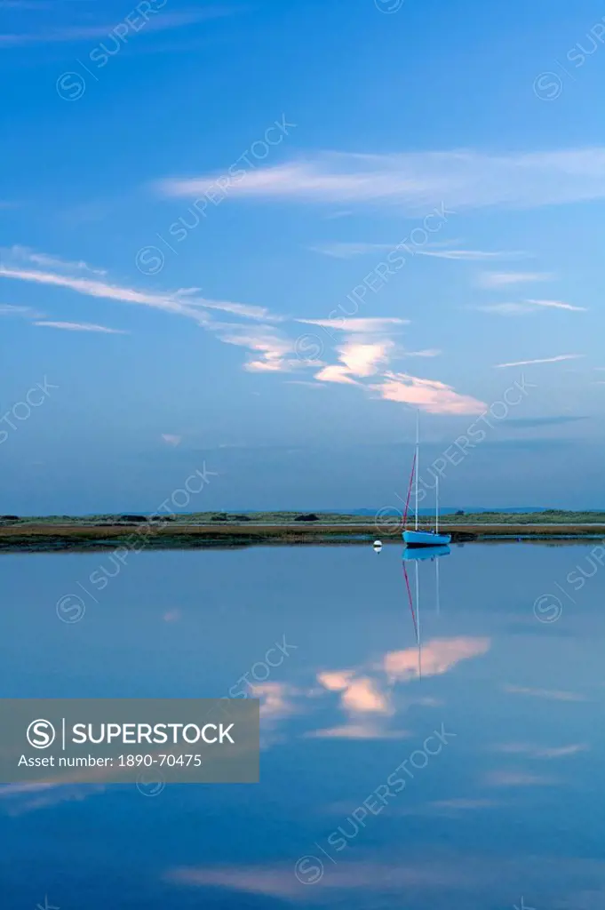 Boat moored at East Head, West Wittering, near Chichester, West Sussex, England, United Kingdom, Europe