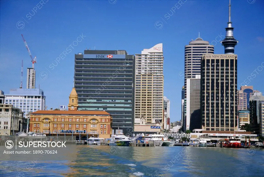 City ferry port terminal and Sky Tower, Auckland, North Island, New Zealand, Pacific