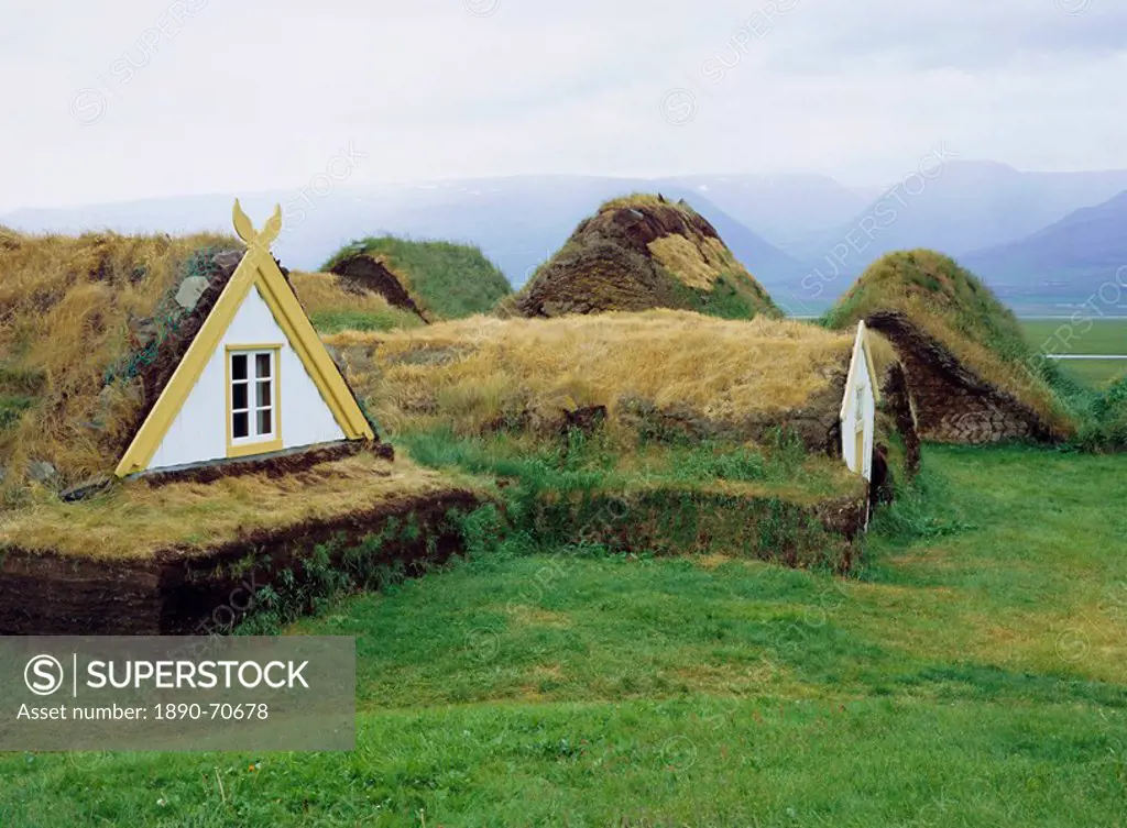 Buildings with turf roof and walls, typical of rural buildings up to 1900 as there were few trees, Restored Farm Museum, Glaumber Glaumbaer, Iceland