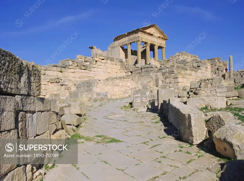 The Capitol from the bath, the Tell, Roman archaeological site, Dougga, Tunisia