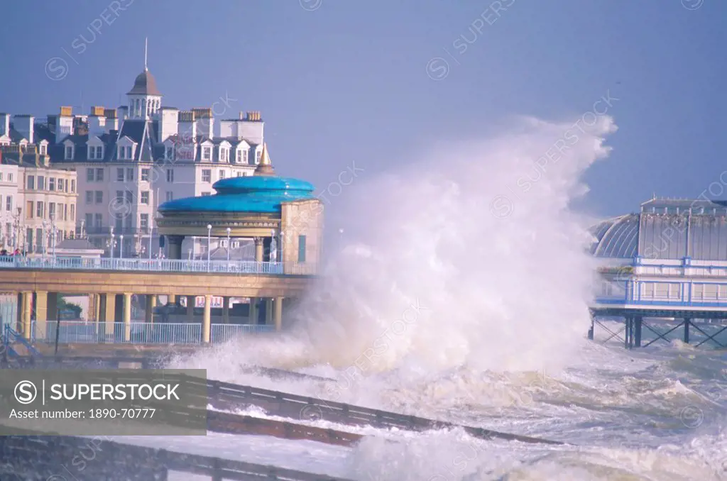 Waves pounding bandstand in a storm on the south coast, Eastbourne, East Sussex, England, UK, Europe