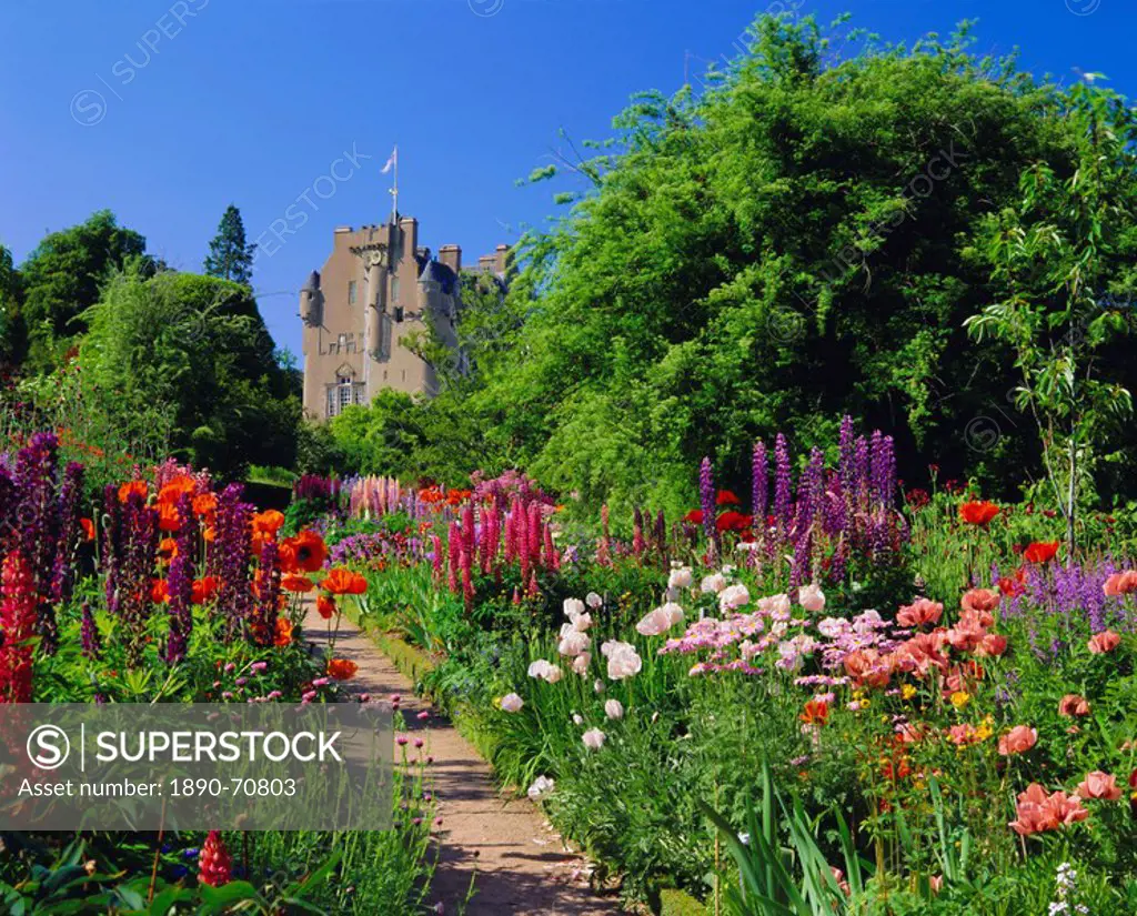 Herbaceous borders in the gardens, Crathes Castle, Grampian, Scotland, UK, Europe