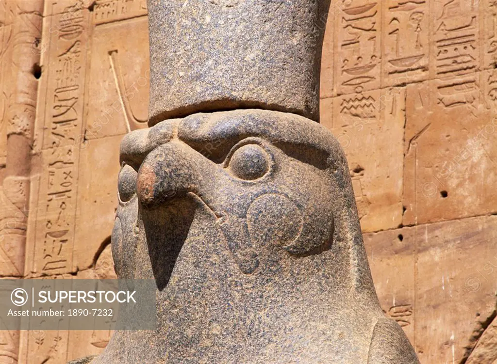 Close_up of the statue of Horus the falcon god, at the Temple of Horus, Edfu, Egypt, North Africa, Africa
