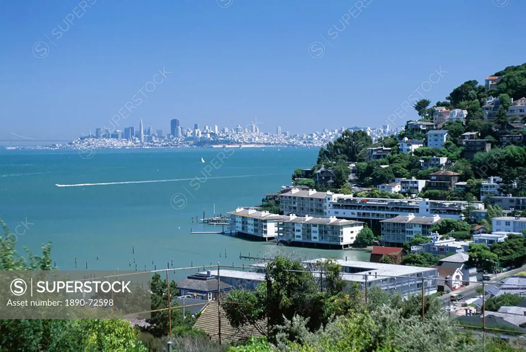 Sausalito, a town on San Francisco Bay in Marin County, with the San Francisco city skyline in the distance, California, United States of America U.S....