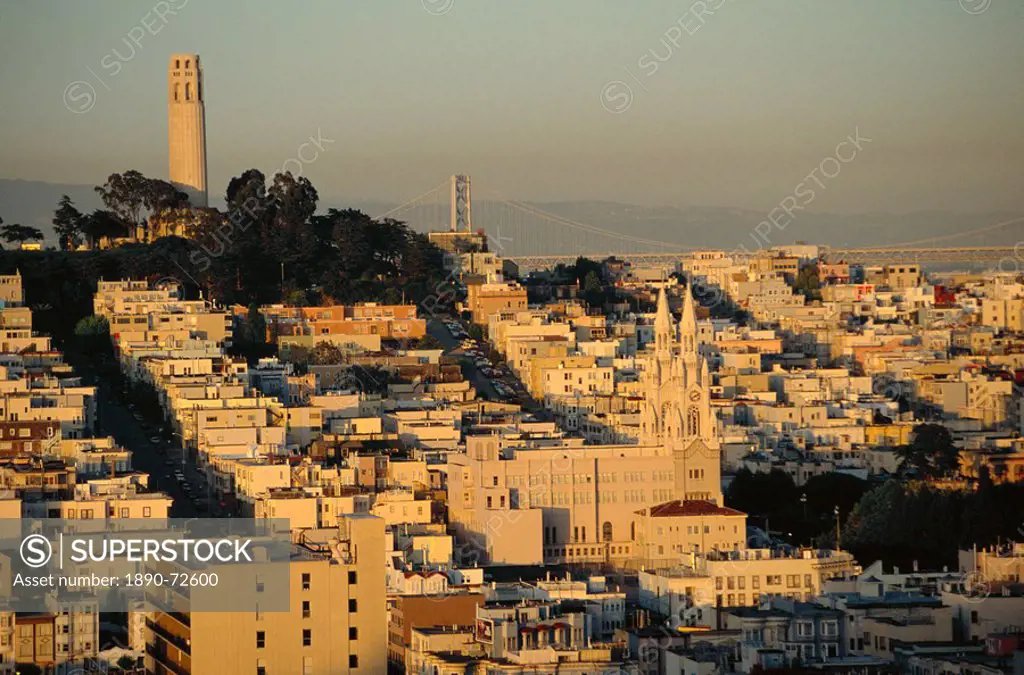 Coit Tower and Telegraph Hill at dusk, San Francisco, California, USA