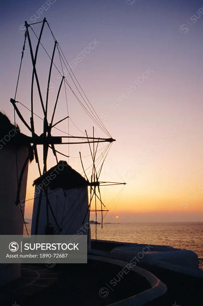 The lower Windmills Kato Myli at sunset, Mykonos, Cyclades Islands, Greece, Europe