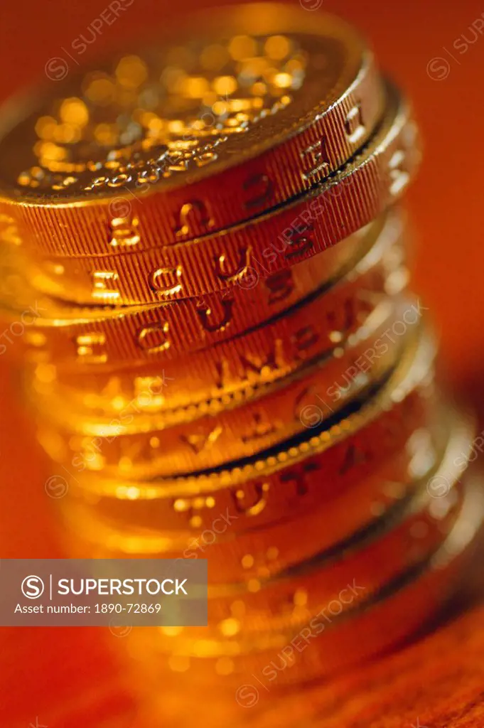 UK currency, stack of one pound coins