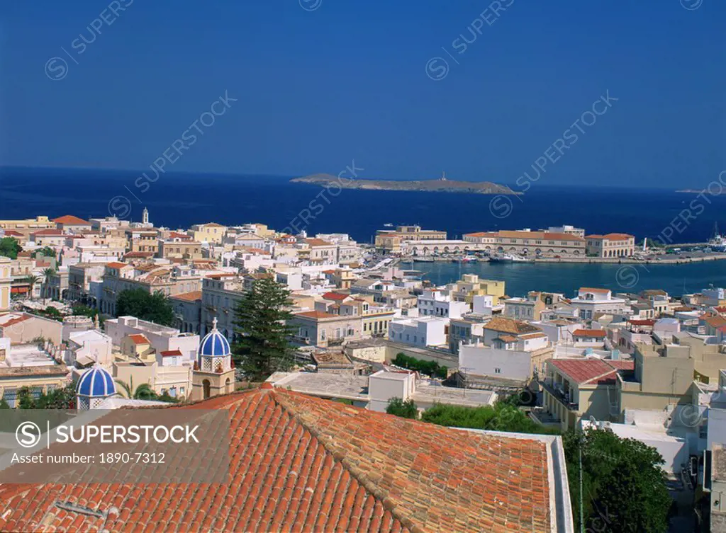 Aerial view over the town and harbour of Ermoupoli, Syros Siros, Cyclades, Greek Islands, Greece, Eurpoe