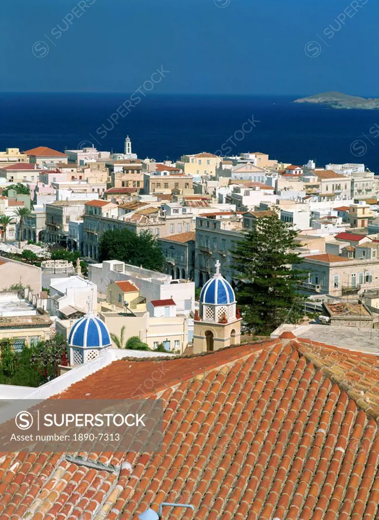 Aerial view over the town and harbour of Ermoupoli, Syros Siros, Cyclades, Greek Islands, Greece, Eurpoe