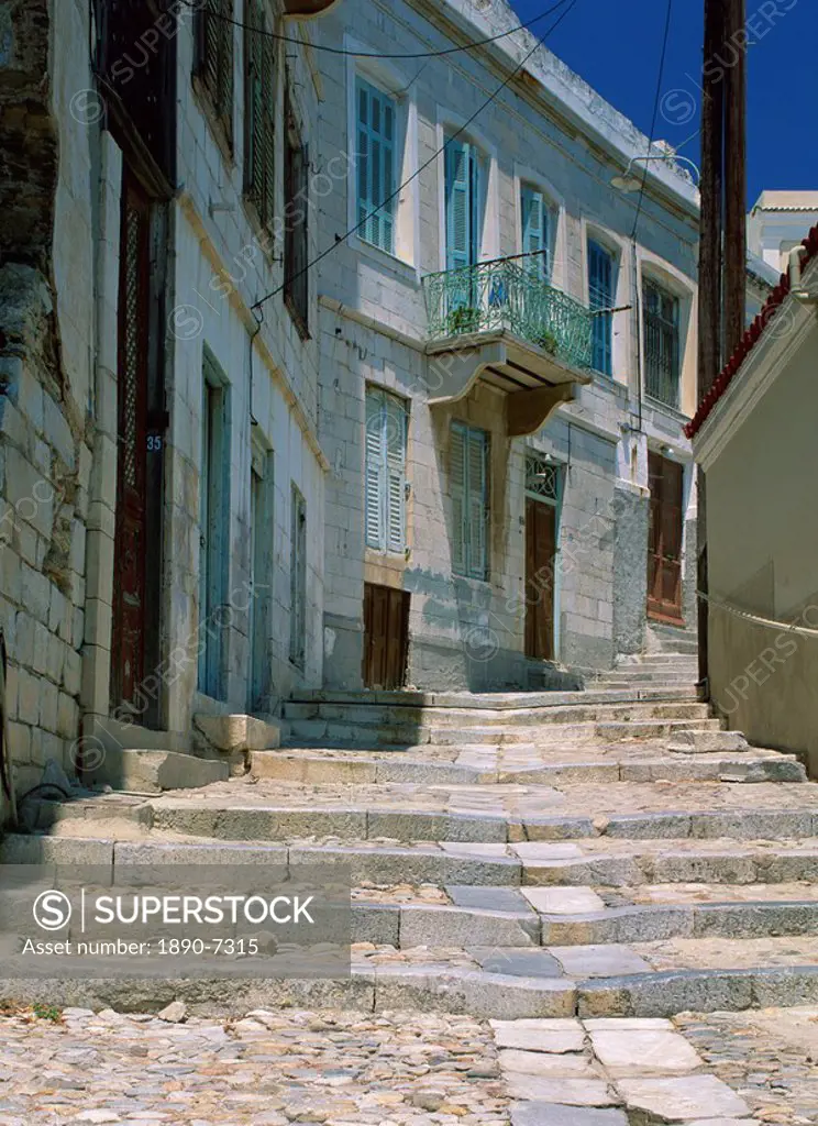 Street steps and houses, Ermoupoli, Syros Siros, Cyclades, Greek Islands, Greece, Europe