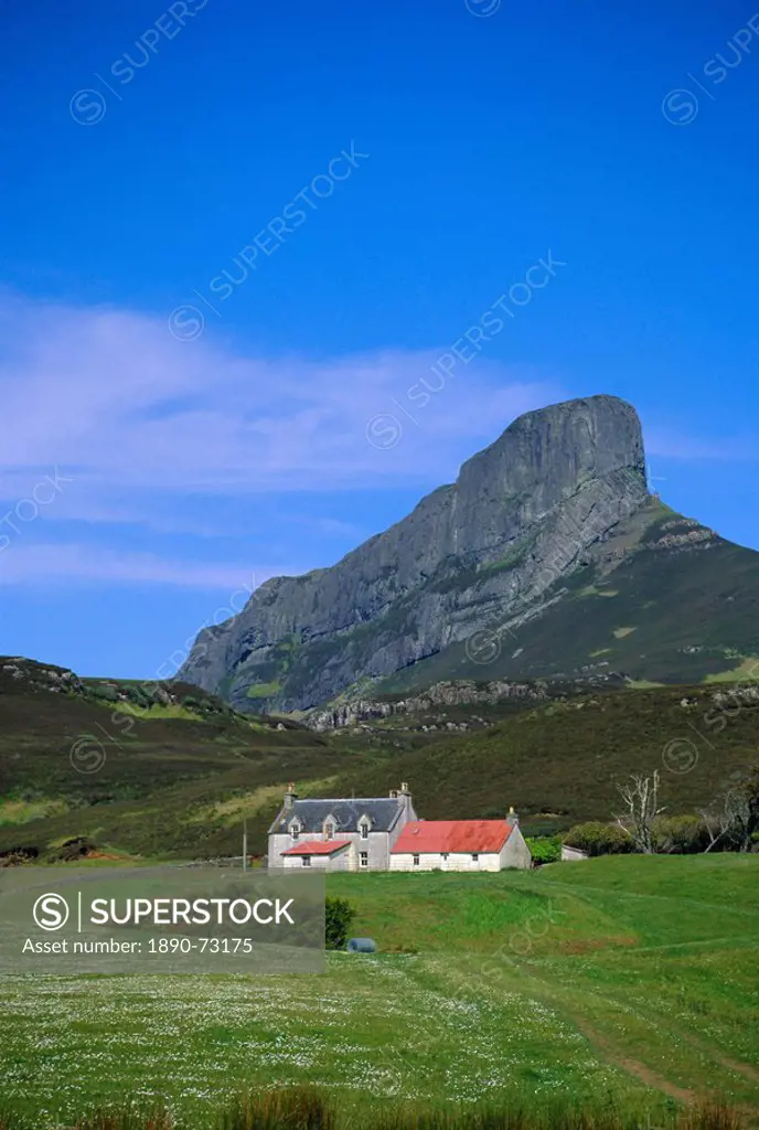 Galmisdale House and An Sgurr, Isle of Eigg, Inner Hebrides, Scotland, UK, Europe