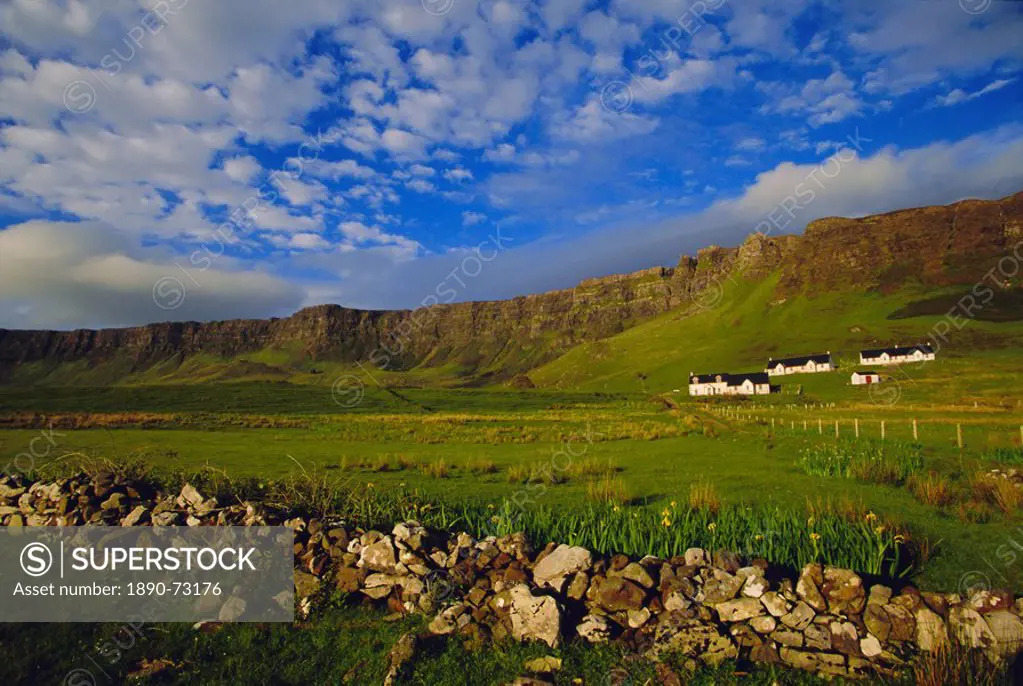 Stone wall and Belnn Bhuldhe, Cleadale, Isle of Eigg, Inner Hebrides, Scotland, UK, Europe