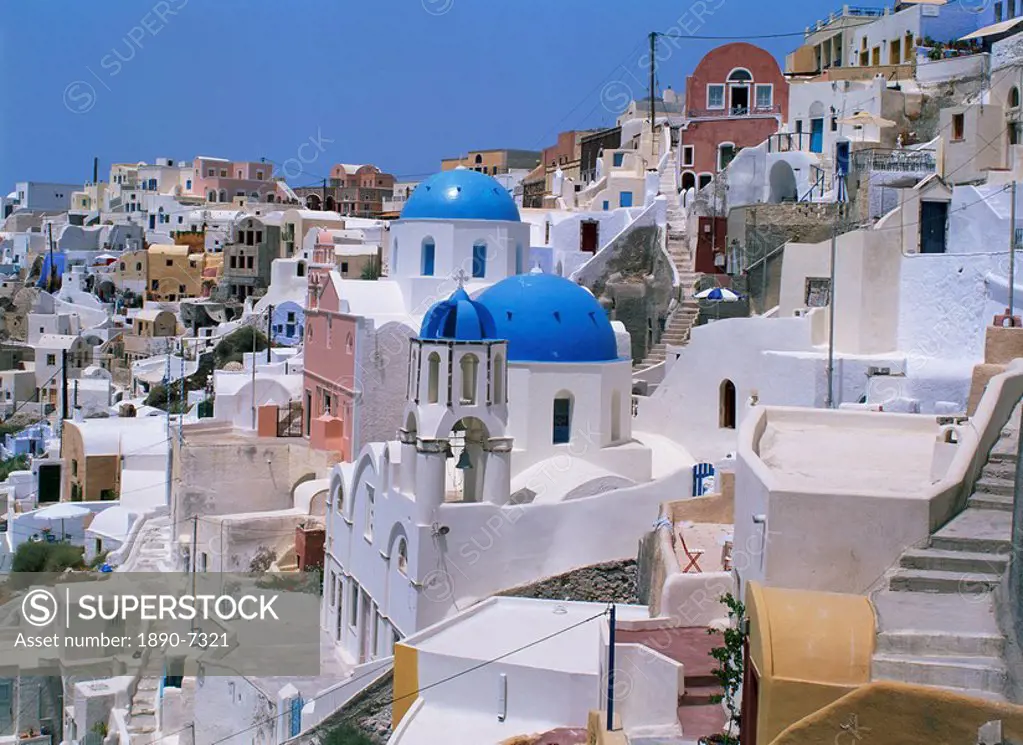 View over the blue domes and white houses of the village of Oia, Santorini Thira, Cyclades, Greek Islands, Greece, Europe