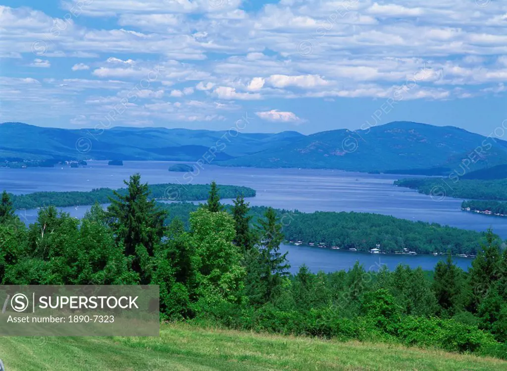 Trees and hills surround Lake George in New York State, United States of America, North America
