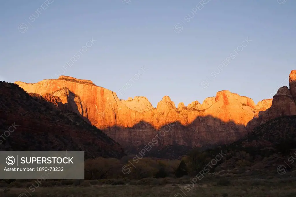 Towers of the Virgin and West Temple at sunrise, Zion National Park in autumn, Utah, United States of America, North America