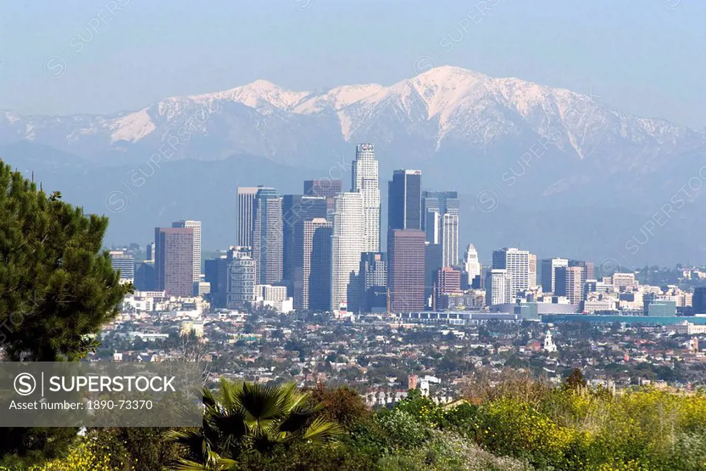 View of downtown Los Angeles looking towards San Bernardino Mountains, California, United States of America, North America