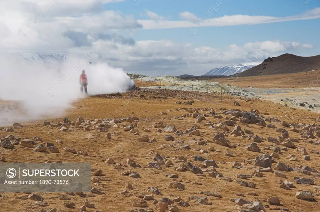 Tourists around the steam jets at Namaskard thermal area, Hverarond, near Lake Myvatn, North area, Iceland, Polar Regions
