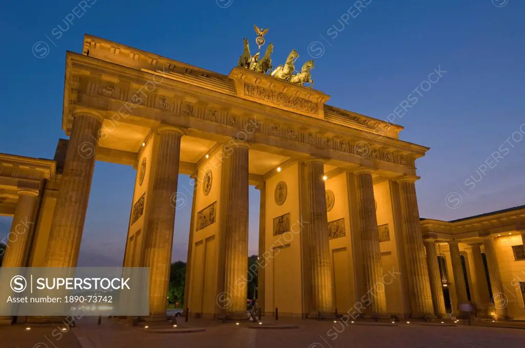 The Brandenburg Gate with the Quadriga winged victory statue on top illuminated at night, Pariser Platz, Berlin, Germany, Europe