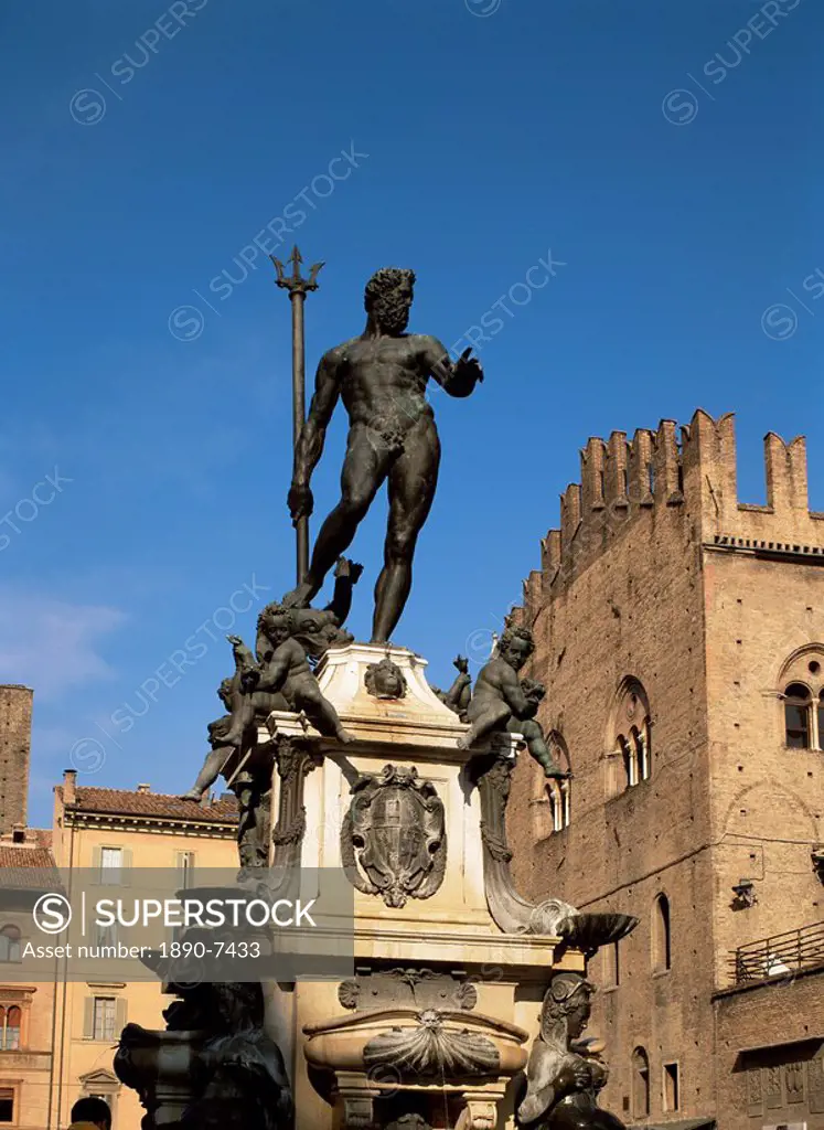 Statue on Fountain of Neptune, Bologna, Emilia_Romagna, Italy, Europe