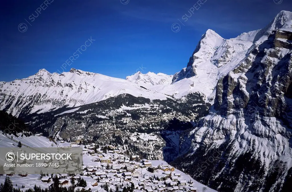 Murren and the Eiger and Monch, Bernese Oberland, Swiss Alps, Switzerland, Europe