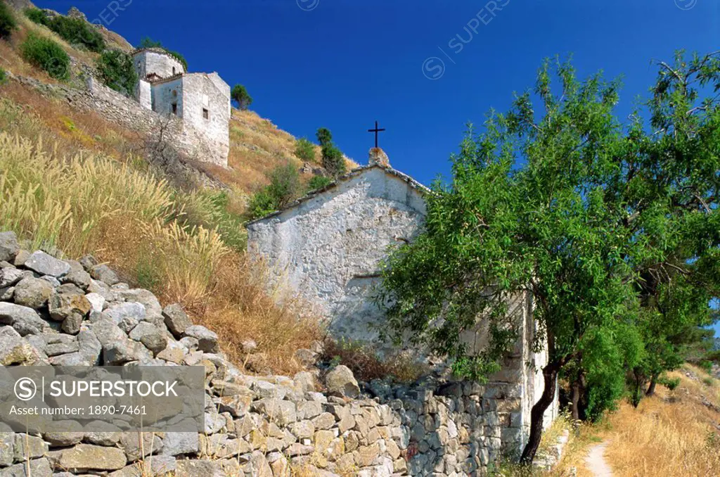 Old Byzantine churches on a hillside, Aegina, Saronic Islands, Greek Islands, Greece, Europe