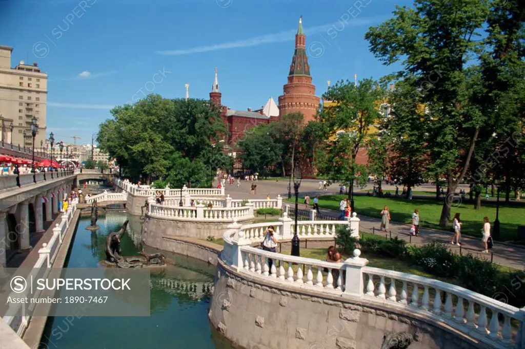 Waterway, and people in Manezh Square Park in Moscow, Russia, Europe