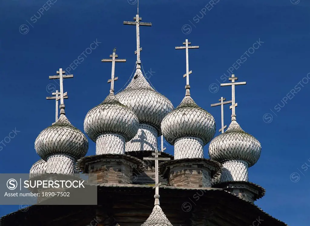 Close_up of the domes and crosses on top of the Transfiguration Cathedral on Kizhi Island, Karelia, Russia, Europe
