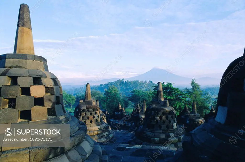 View of Arupadhatu, 8th Century Buddhist site of Borobudur, Java, Indonesia