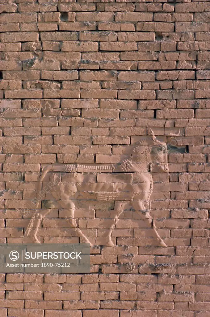 Animal in relief on the wall of the South Palace, archaeological site of Babylon, Iraq, Middle East