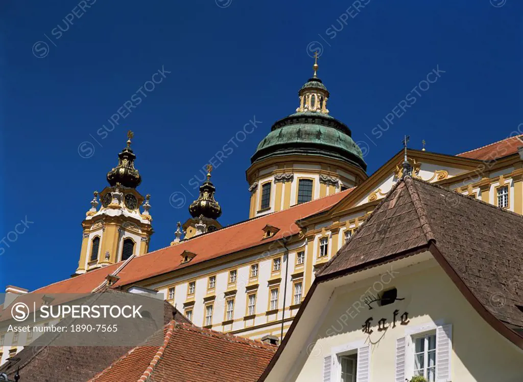 Melk Abbey and roofs, Melk, Austria, Europe