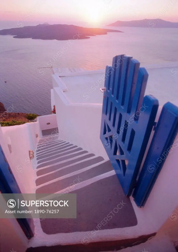 Gate and steps, Thira Fira, Santorini, Cyclades Islands, Greece, Europe