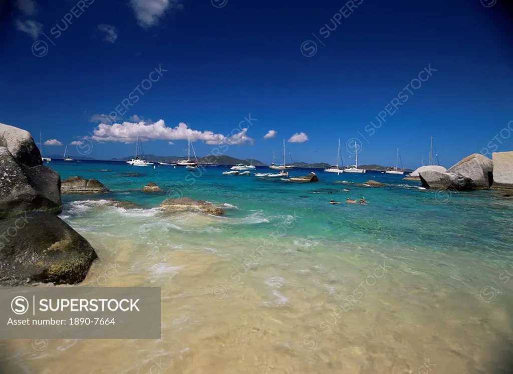 Swimmers and yachts at The Baths, Virgin Gorda, British Virgin Islands, West Indies, Caribbean, Central America