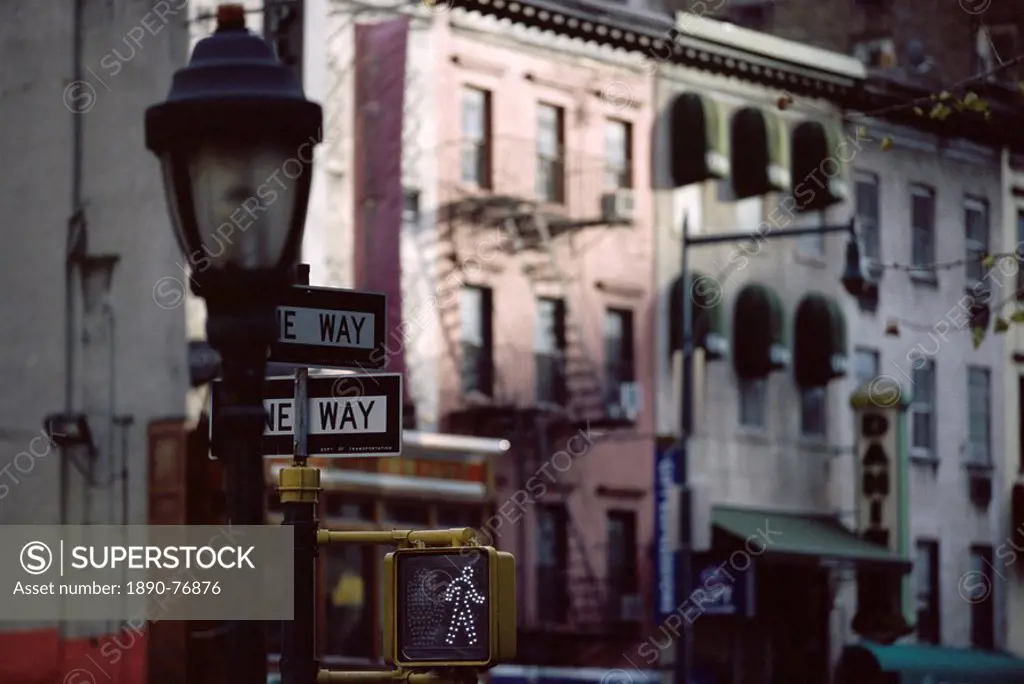 Lamp and street signs, New York, USA, North America