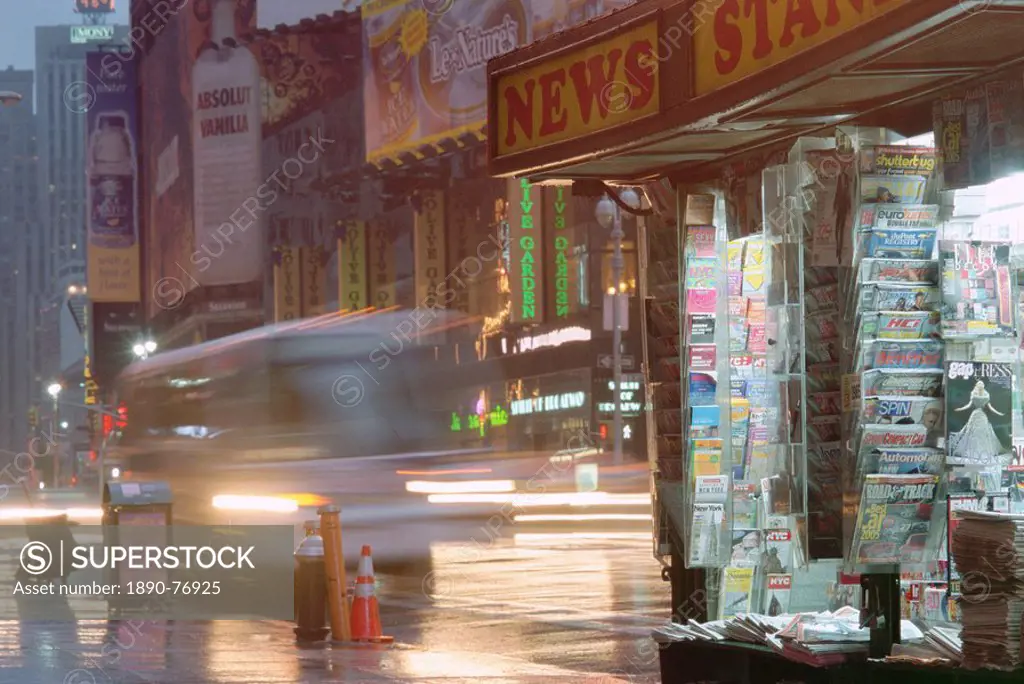 News stand in the evening, Times Square, New York City, New York, USA, North America
