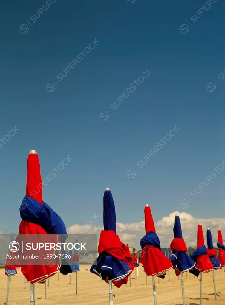 Colourful umbrellas on the beach, Deauville, Normandy, France, Europe