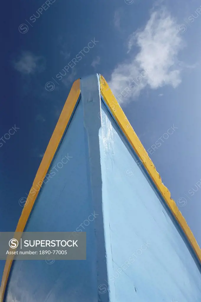 Close_up of bow of blue boat with yellow trim, Barbados, West Indies, Caribbean, Central America